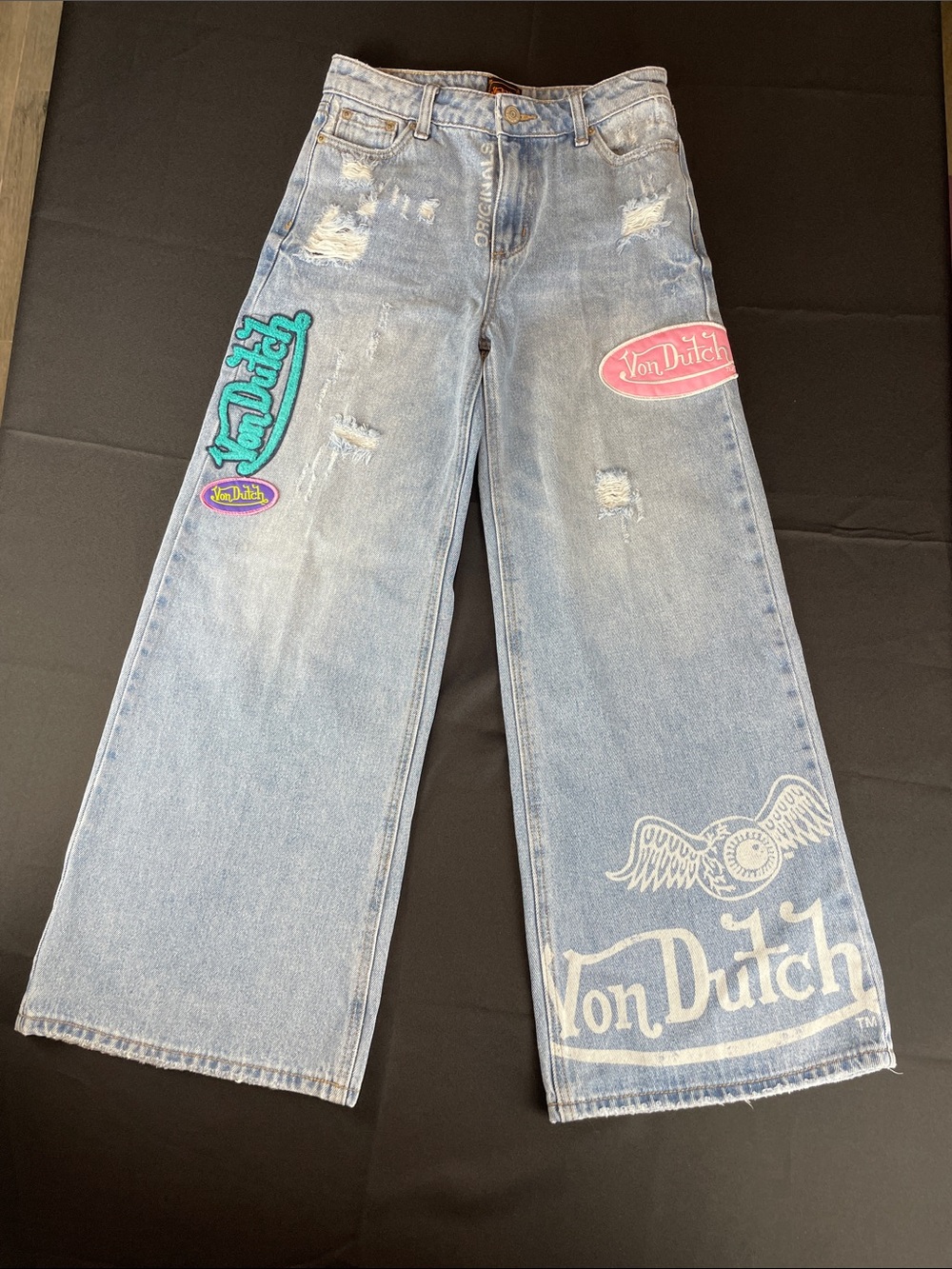 Von Dutch Eyeball Wide Leg Jeans distressed girls size 14 pink light blue Jean